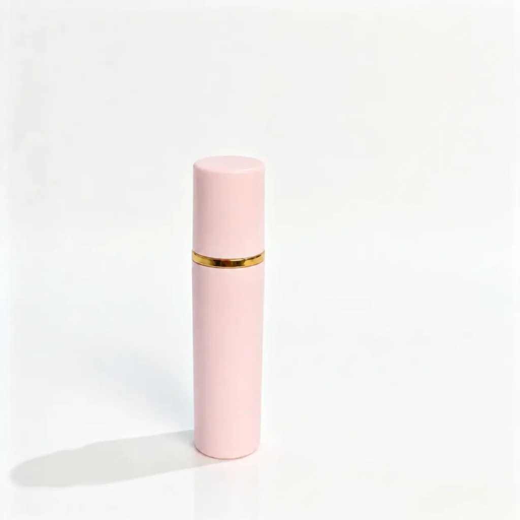 5ml pink refillable perfume atomizer shown in complete front view with ABS outer shell, PCTG inner bottle and aluminum sprayer