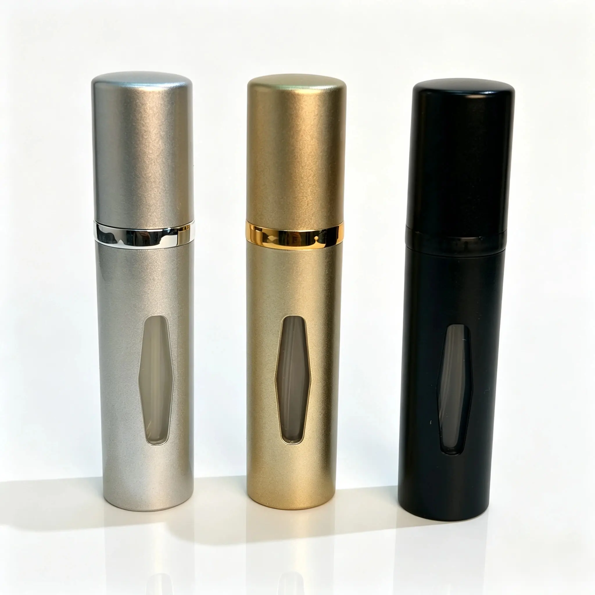 5ml portable perfume atomizers displayed in selectable color combinations for custom travel fragrance packaging