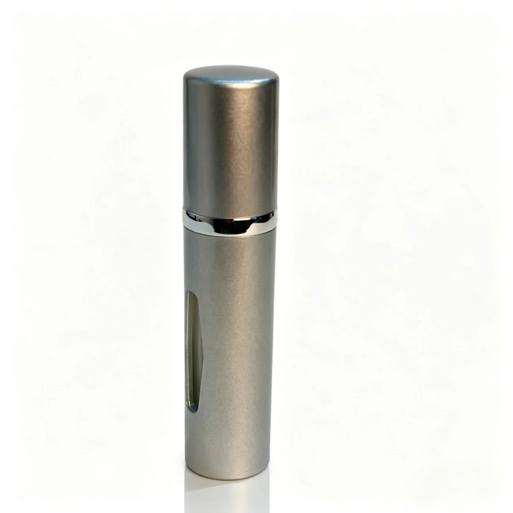 5ml portable perfume atomizer shown in complete front view with ABS outer shell, PCTG inner bottle and aluminum sprayer