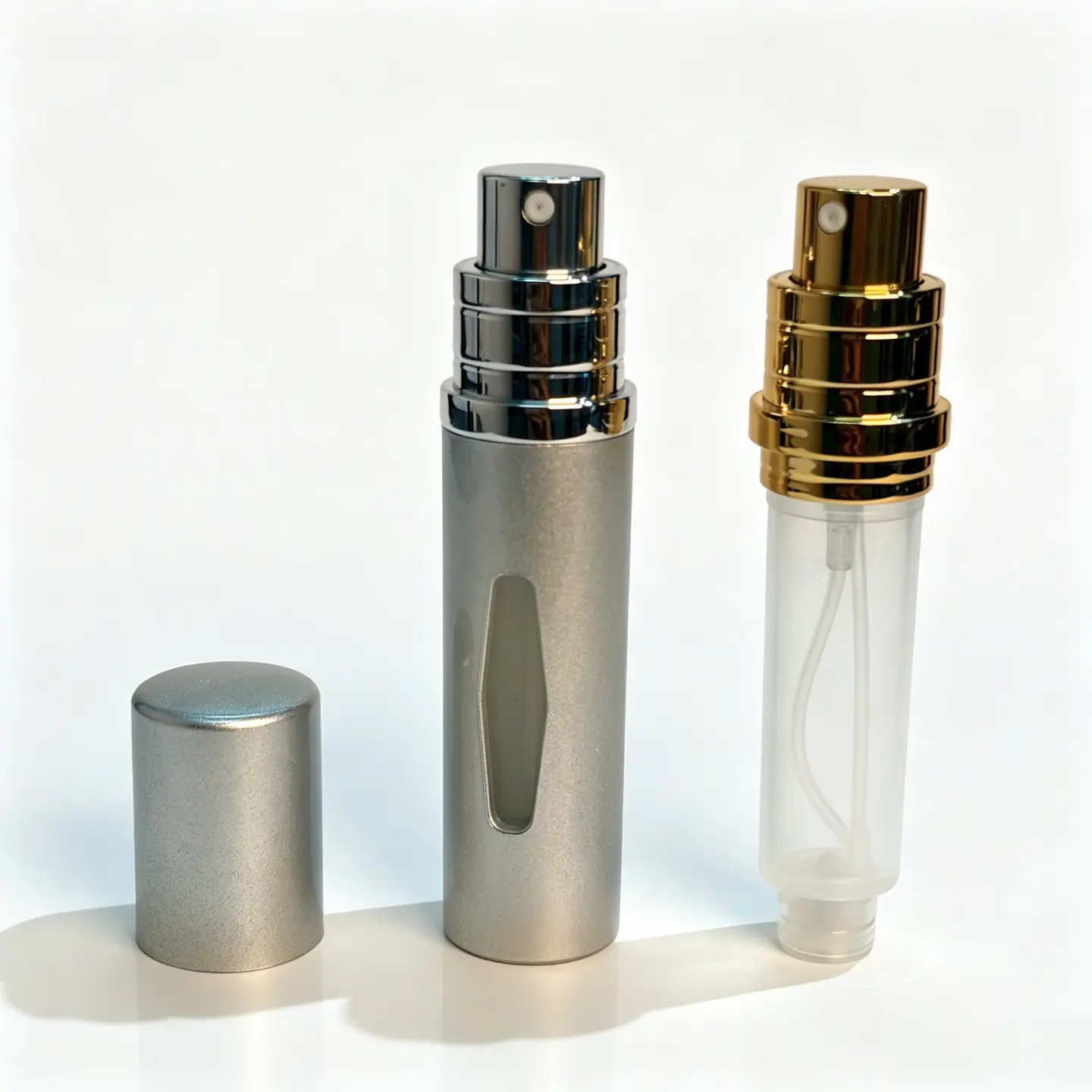 5ml portable perfume atomizer shown with PCTG inner bottle and ABS outer shell separated for component evaluation