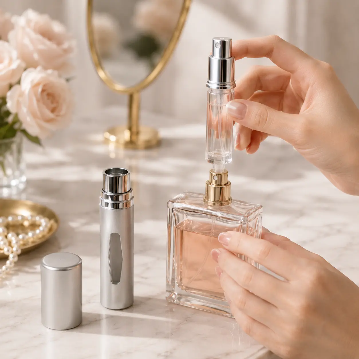 5ml portable perfume atomizer displayed in a compact travel fragrance packaging scene