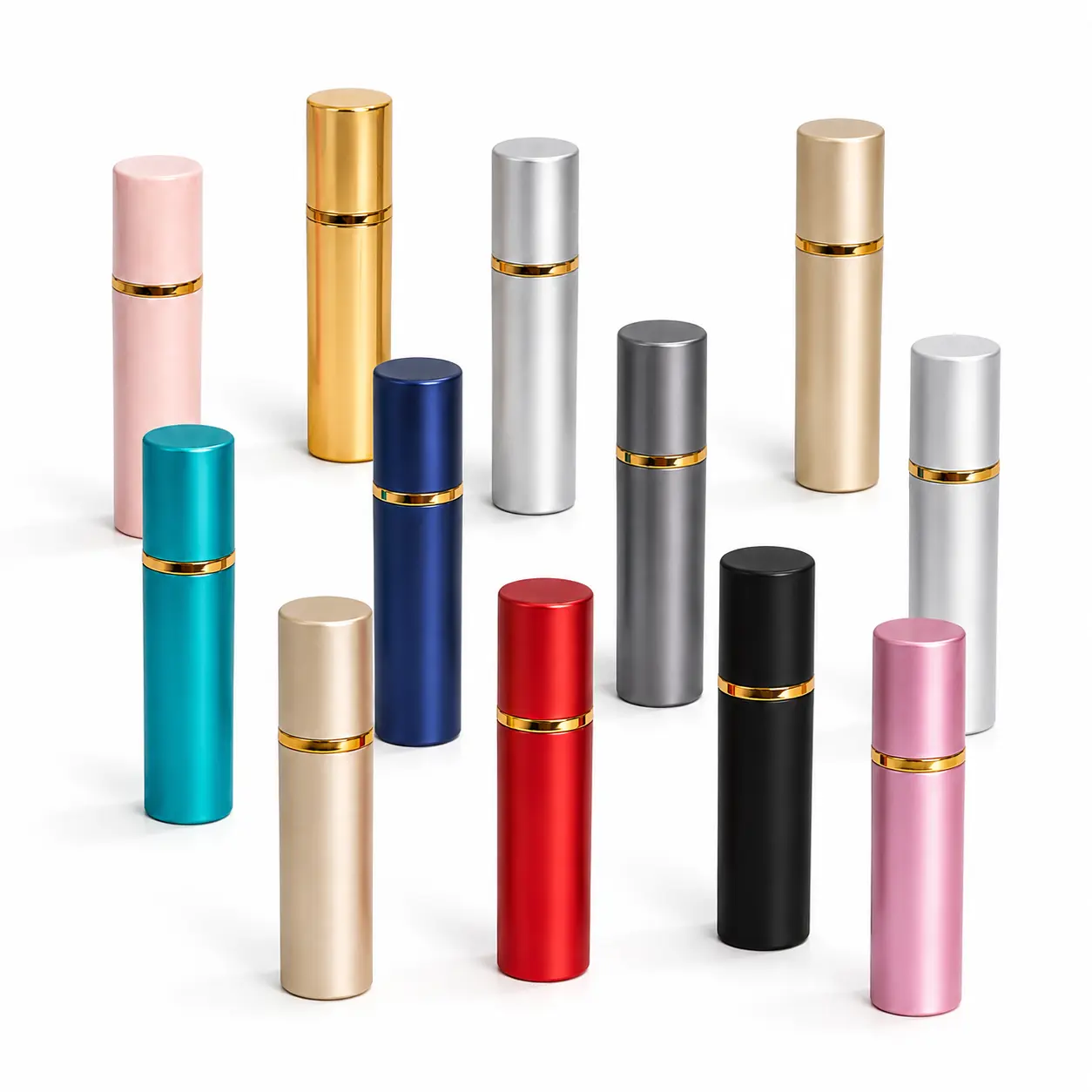 5ml Refillable Perfume Atomizer Color Options 5ml refillable perfume atomizers displayed in selectable color combinations for custom portable fragrance packaging