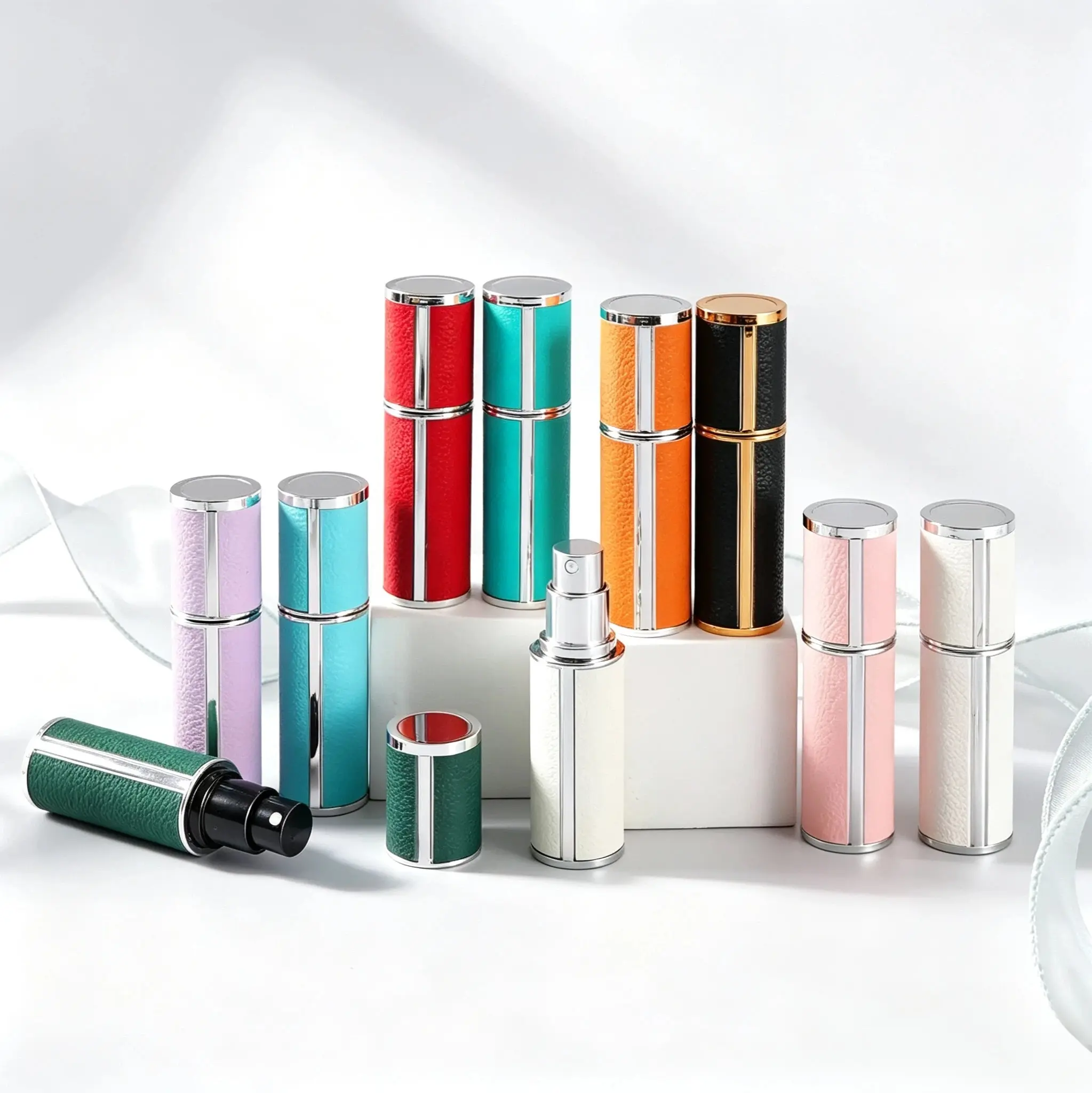 5ml Travel Perfume Atomizer Color Options 5ml travel perfume atomizers displayed in different selectable color combinations with coordinated outer shells and metal trim
