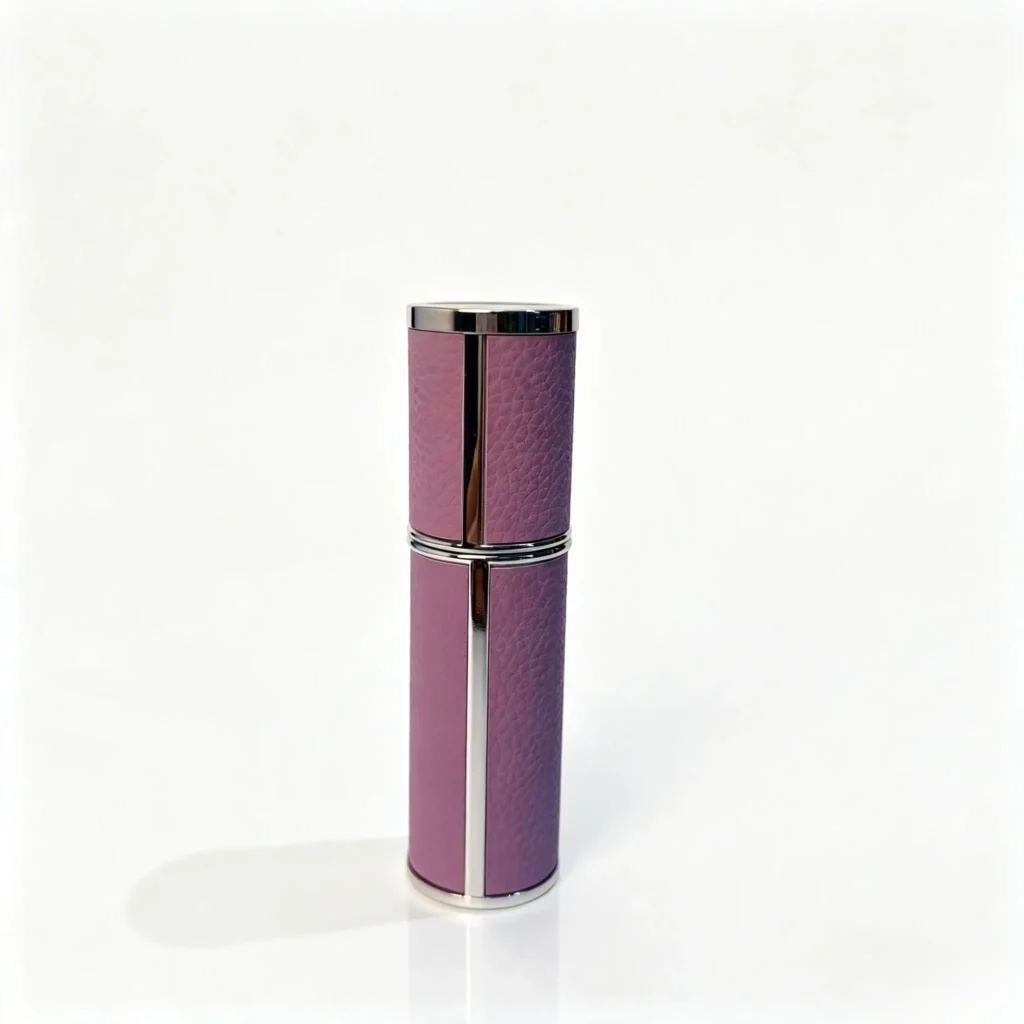 5ml travel perfume atomizer shown in complete front view with ABS outer shell leather grain detail metal trim and aluminum sprayer