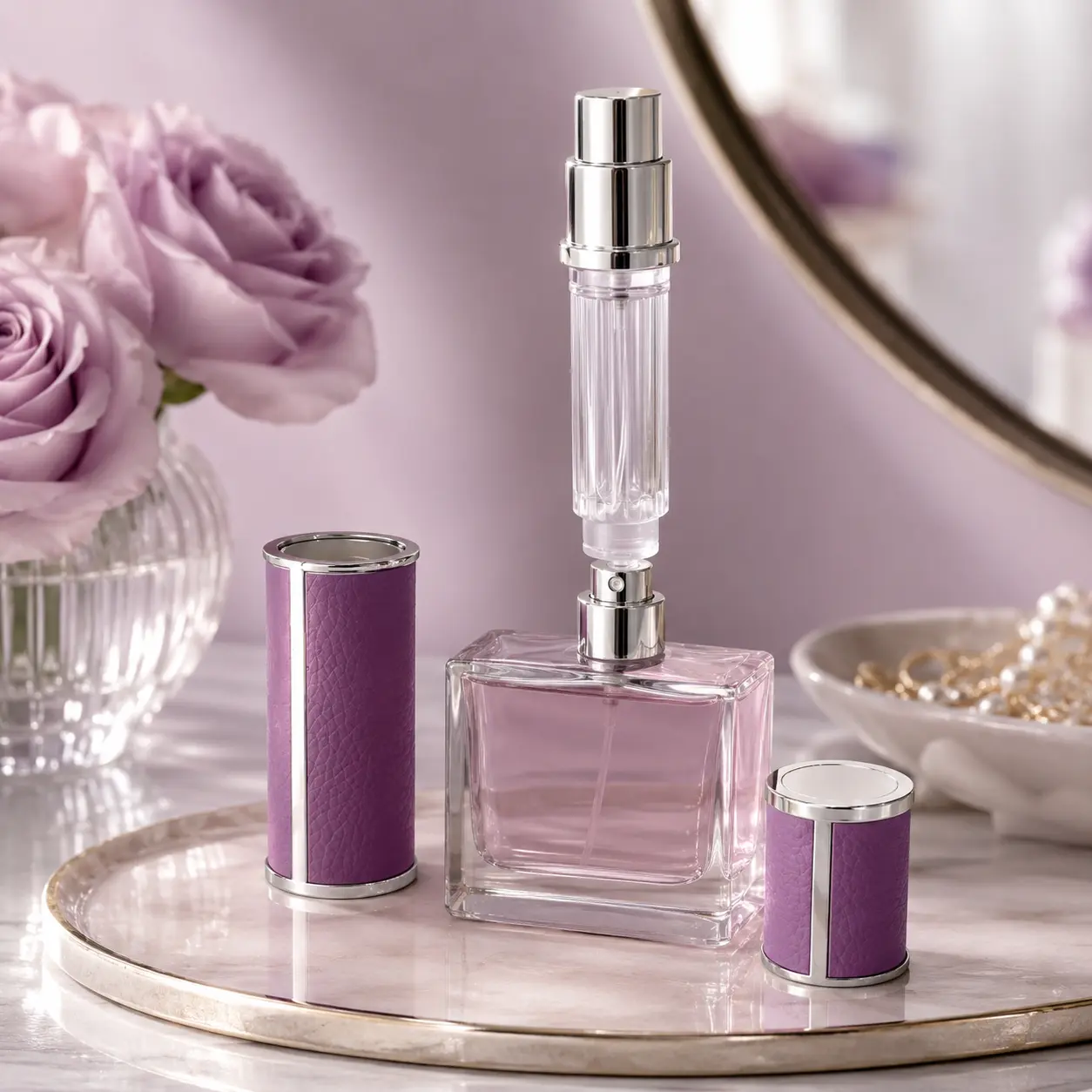 5ml Travel Perfume Atomizer Packaging Scene 5ml travel perfume atomizer displayed in a portable fragrance packaging scene with leather grain detail and metal trim