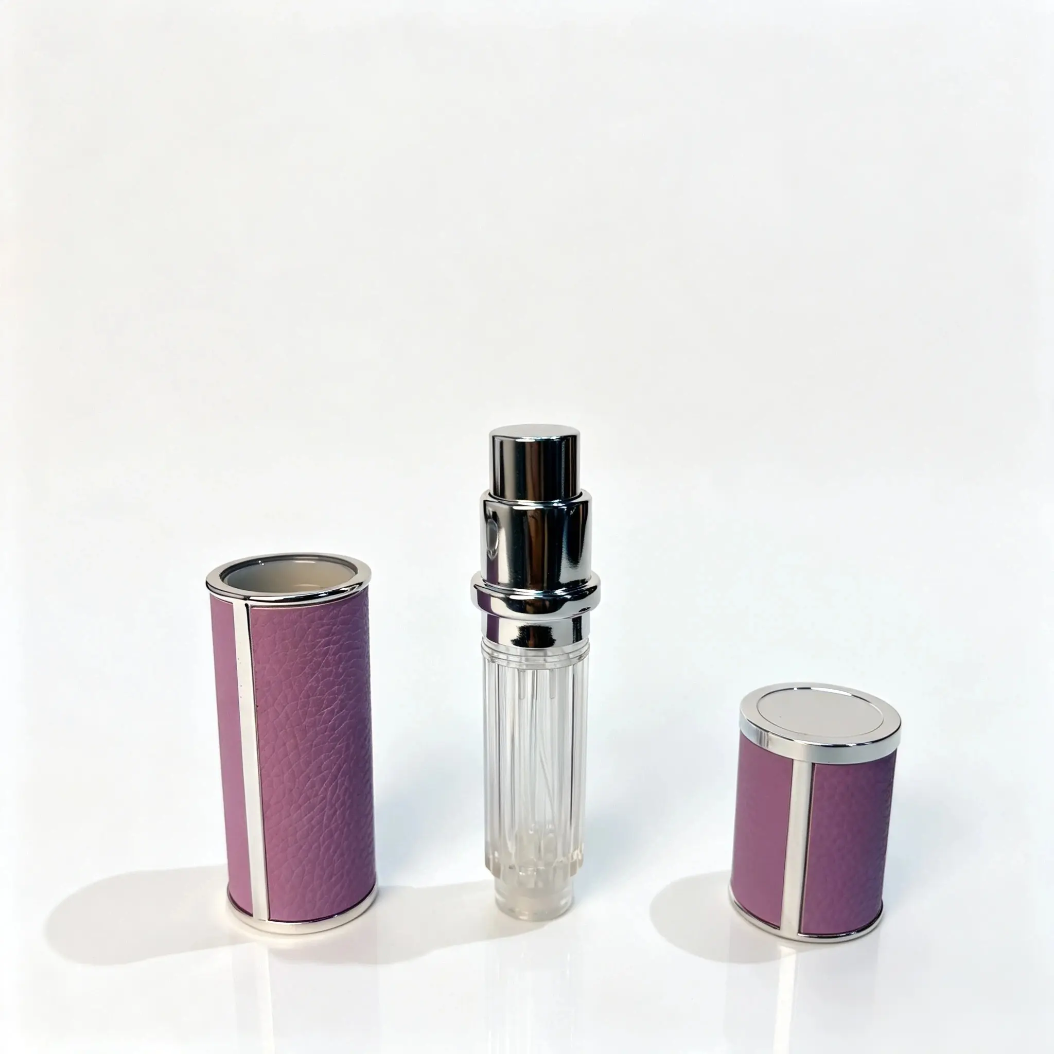 5ml Travel Perfume Atomizer Separate Components 5ml travel perfume atomizer components displayed separately with ABS outer shell glass inner bottle and cap