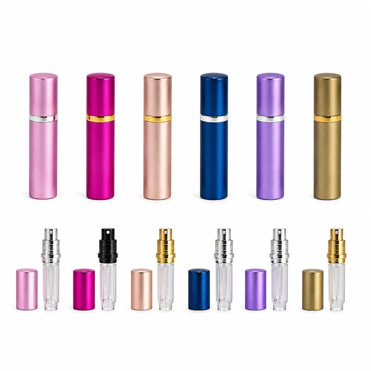 5ml Twist-Up Perfume Atomizer Color Options 5ml twist-up perfume atomizers displayed in selectable color combinations for custom reusable travel fragrance packaging