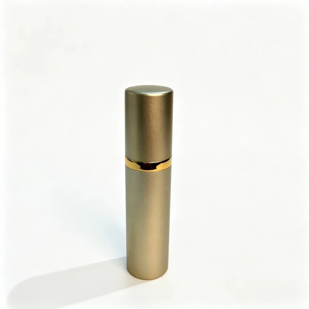 5ml twist-up perfume atomizer shown in complete front view with gold ABS outer shell, PCTG inner bottle and aluminum sprayer