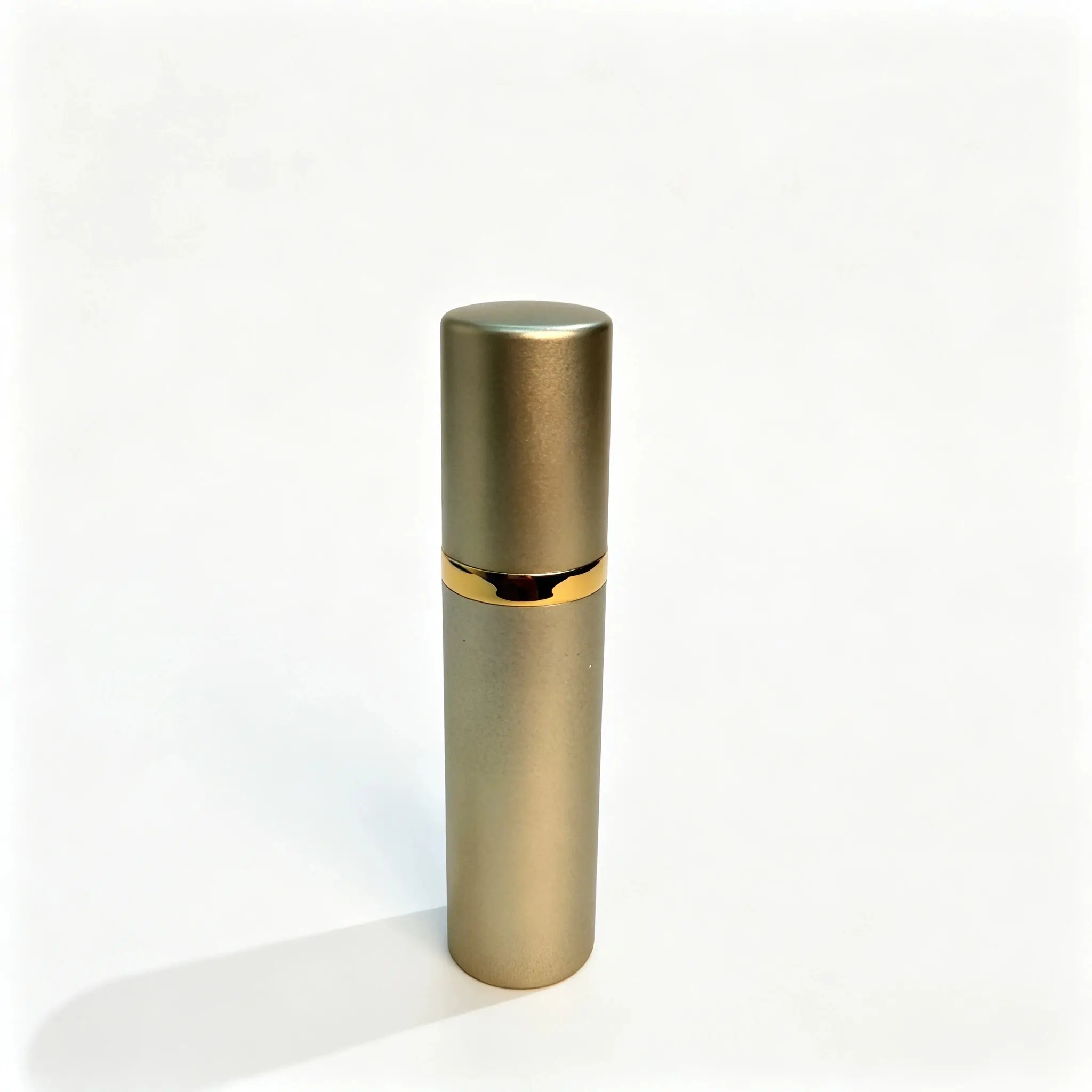 5ml Twist-Up Perfume Atomizer Front View 5ml reusable perfume bottle shown in front view with gold twist-up ABS shell removable PCTG inner bottle and aluminum sprayer