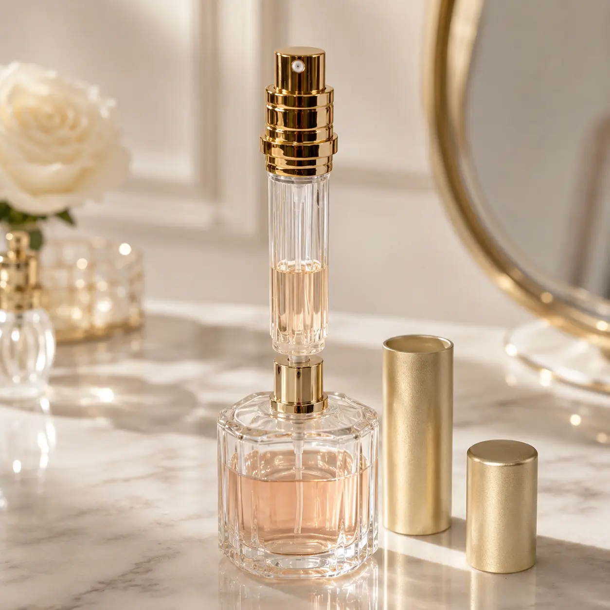 5ml Twist-Up Perfume Atomizer Packaging Scene 5ml reusable perfume bottle displayed in a portable fragrance packaging scene with compact twist-up outer housing