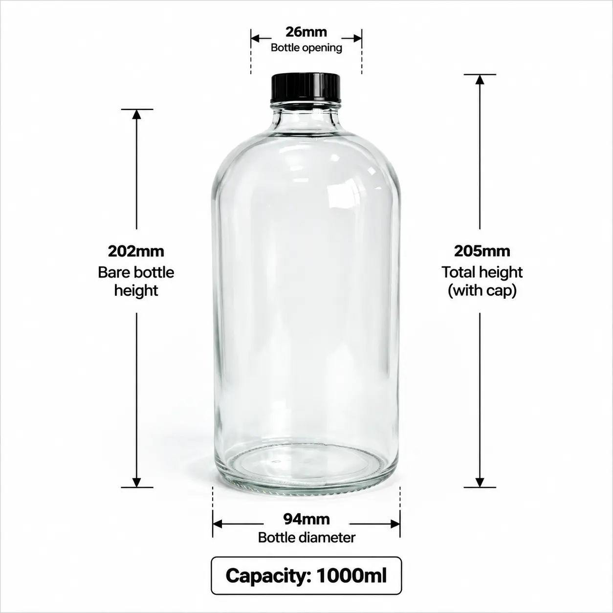 1000ml Clear Boston Round Bottle Dimensions and Capacity 1000ml clear Boston round bottle dimension diagram showing 94 mm width 205 mm capped height 202 mm bottle height and 1000ml capacity