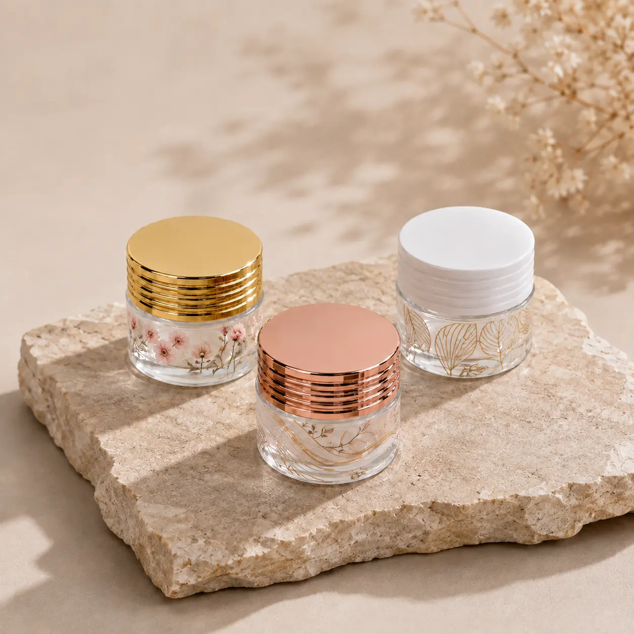 60g Glass Face Cream Jar Printing Color Reference 60g glass face cream jars displaying different printing colors and decorative customization effects for cosmetic packaging