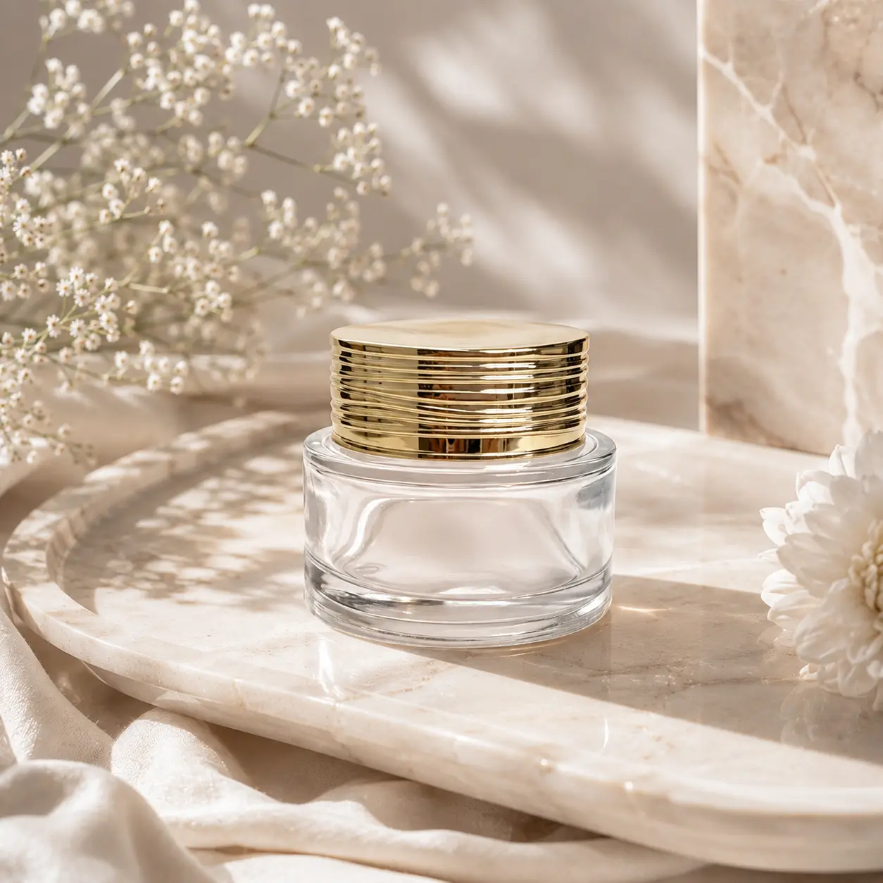 60g Glass Face Cream Jar Product Scene 60g glass face cream jar with matching cap displayed in a complete cosmetic skincare packaging scene
