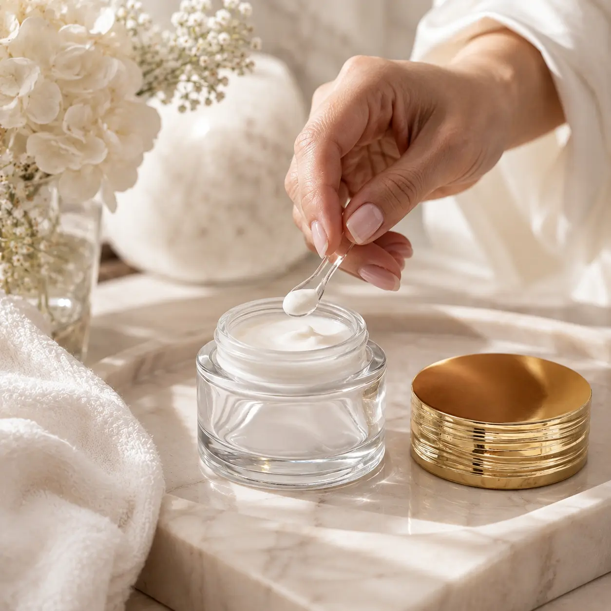 60g Glass Face Cream Jar Skincare Usage Scene 60g glass face cream jar shown in a skincare application setting for facial cream and moisturizer packaging