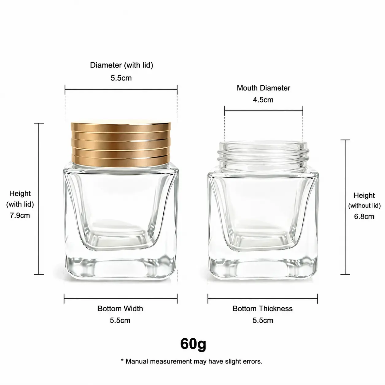 60g Square Glass Cream Jar Dimensions and Capacity 60g square glass cream jar dimensions showing 45 mm opening diameter, 55 mm bottom dimension, 79 mm overall height, and 68 mm height without cap