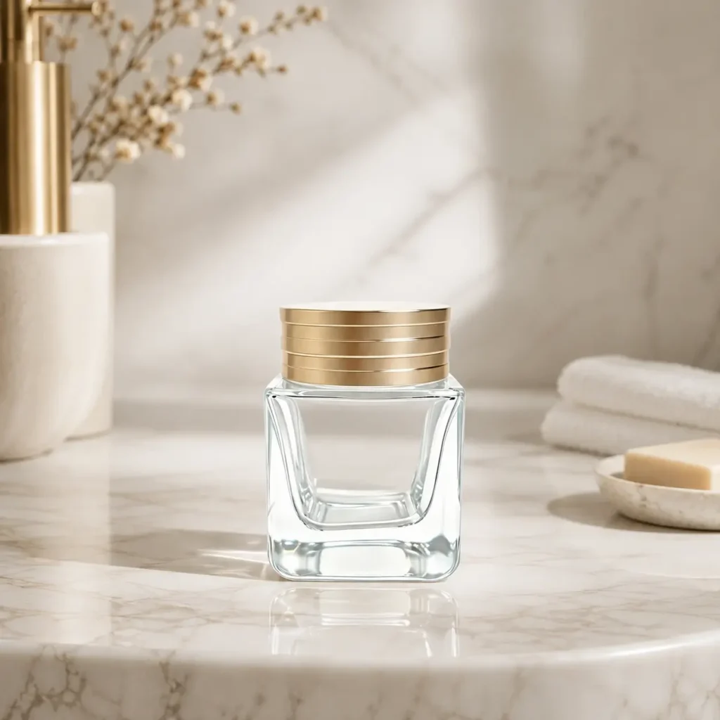 60g square glass cream jar with gold-colored cap displayed in a complete front product scene