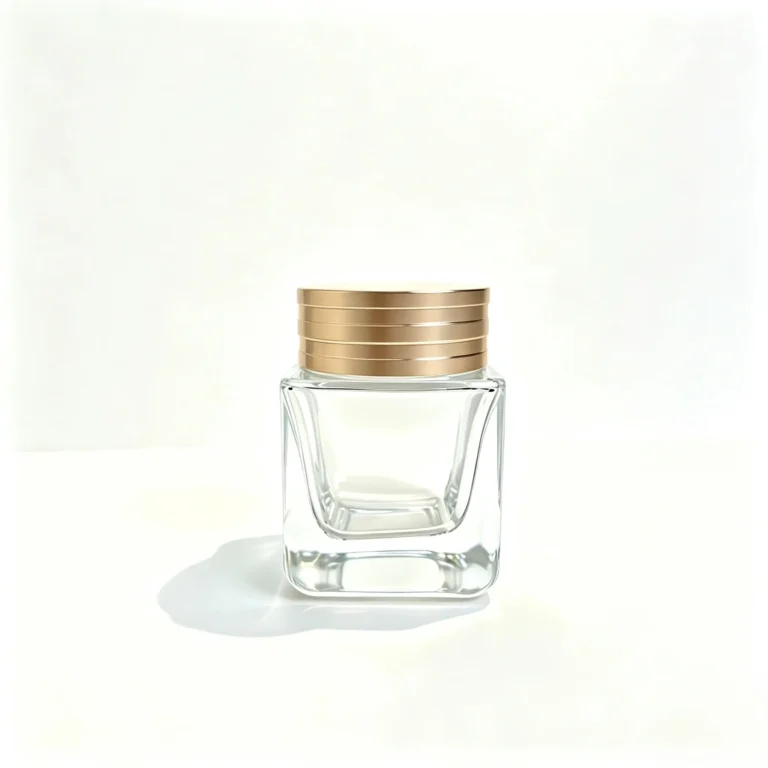 Front view of the complete 60g square glass cream jar fitted with a gold-colored cap