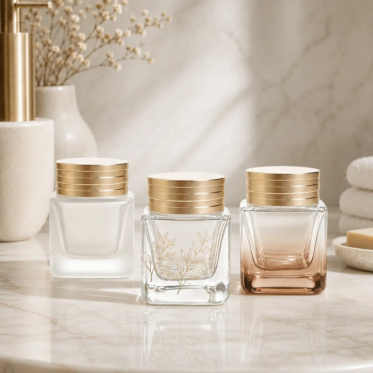 60g Square Glass Cream Jar Printing Color Reference 60g square glass cream jar showing printing colors and decorative customization options for skincare packaging