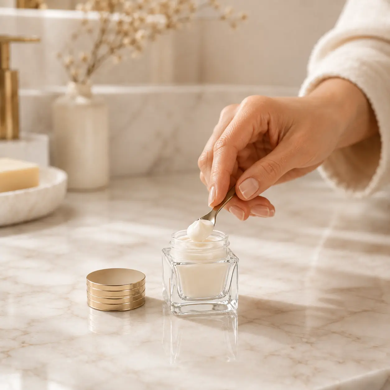 60g Square Glass Cream Jar Usage Scene 60g square glass cream jar with gold-colored cap presented in a skincare cream application setting