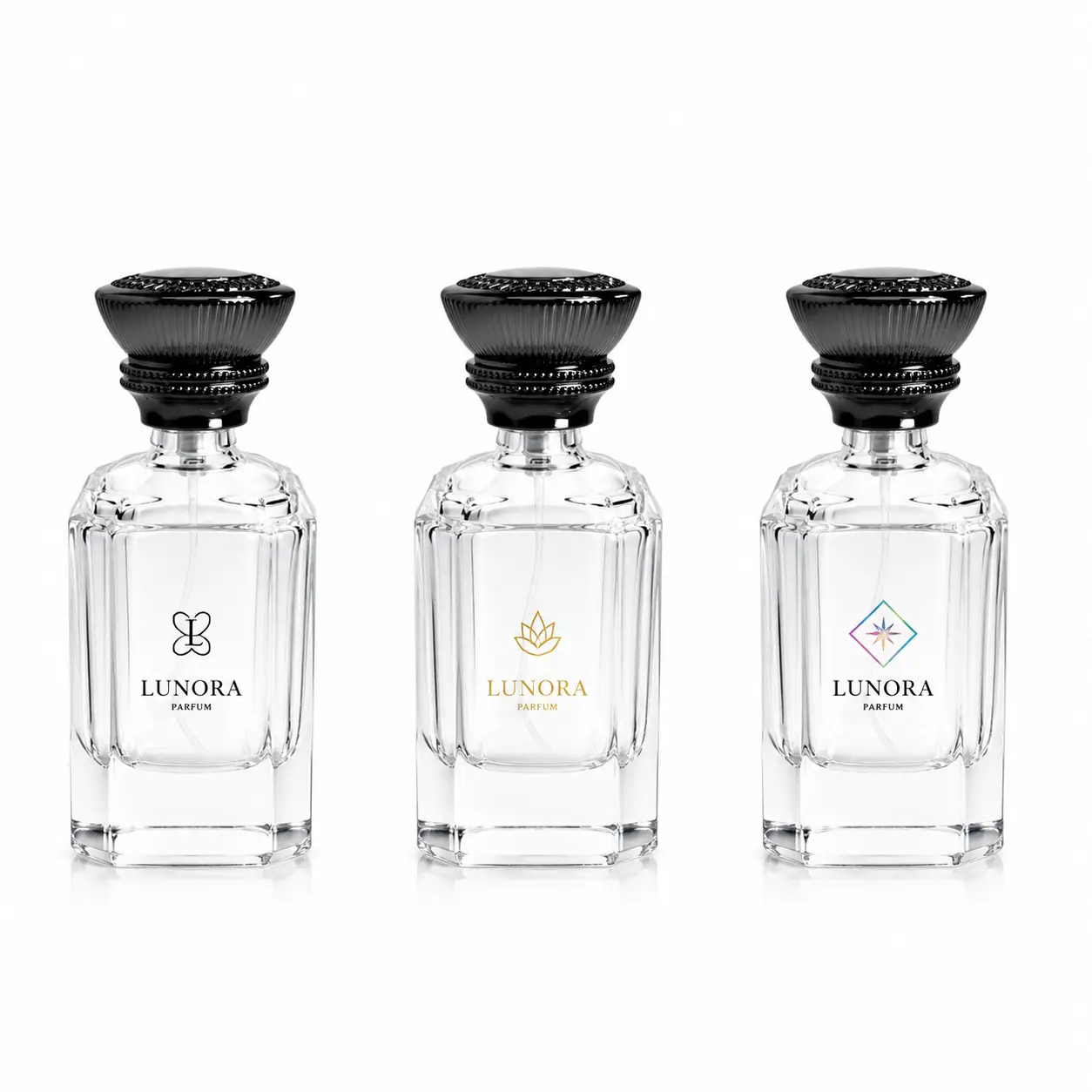 60ml Custom Glass Perfume Bottle Logo Customization 60ml custom faceted glass perfume bottle displaying a logo decoration reference across the clear bottle surface