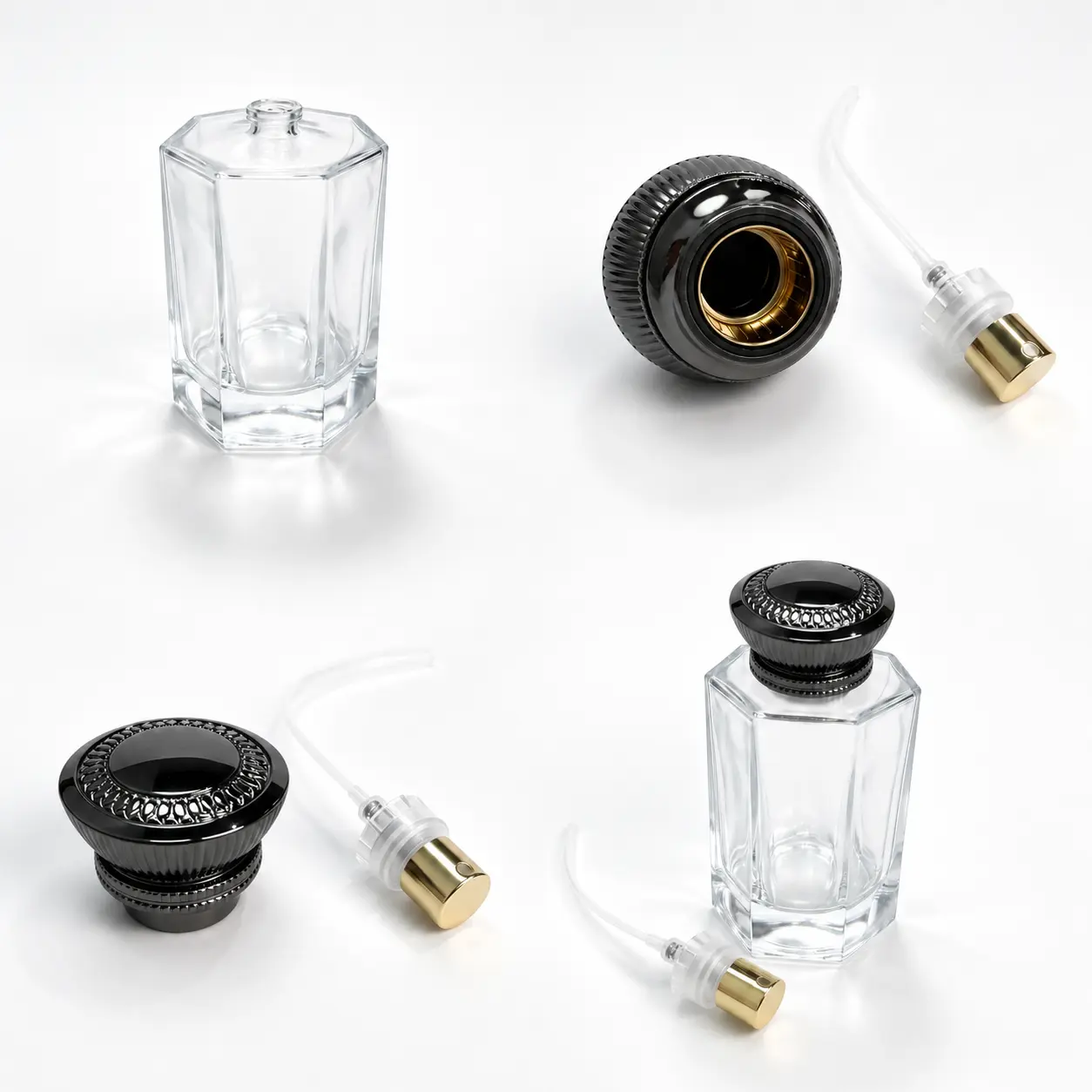 60ml Faceted Heavy Base Glass Perfume Bottle Detail View 60ml faceted heavy base glass perfume bottle detail composition showing the multi-faceted body, crimp components and black decorative cap
