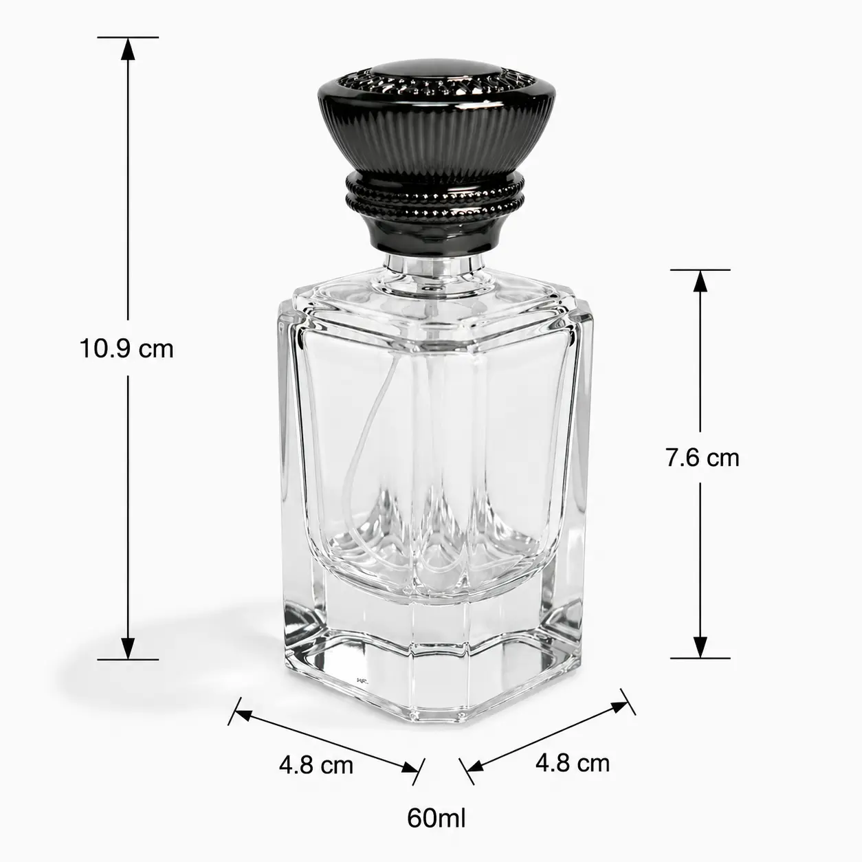 60ml Faceted Heavy Base Glass Perfume Bottle Dimensions and Capacity 60ml faceted heavy base glass perfume bottle dimensions showing 48 mm width, 48 mm depth and 109 mm overall height with cap