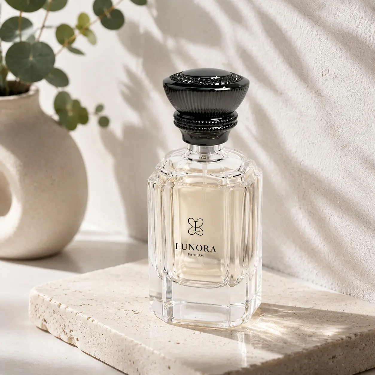 60ml Faceted Heavy Base Glass Perfume Bottle Packaging Scene 60ml faceted heavy base glass perfume bottle displayed in a fragrance packaging scene with its black decorative cap