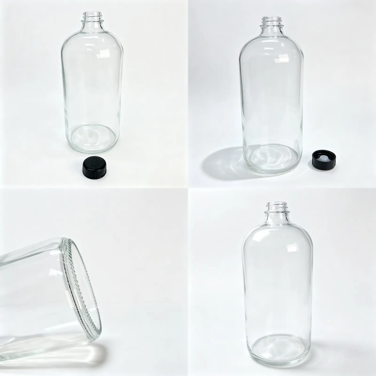 1000ml Clear Boston Round Bottle Component Detail Views 1000ml clear Boston round bottle four view detail layout showing the bottle structure neck and matching packaging components