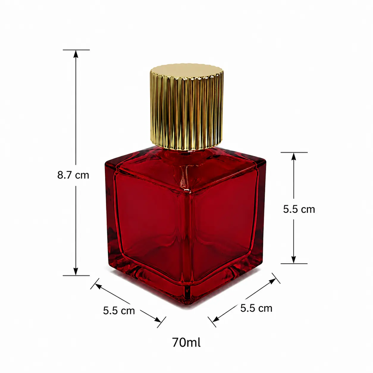 70ml red square glass perfume bottle dimensions showing 55 mm width, 55 mm depth and 87 mm overall height with cap