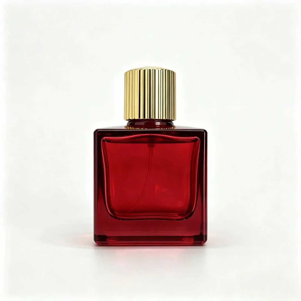 70ml red square glass perfume bottle shown in complete front view with crimp sprayer and gold striped outer cap