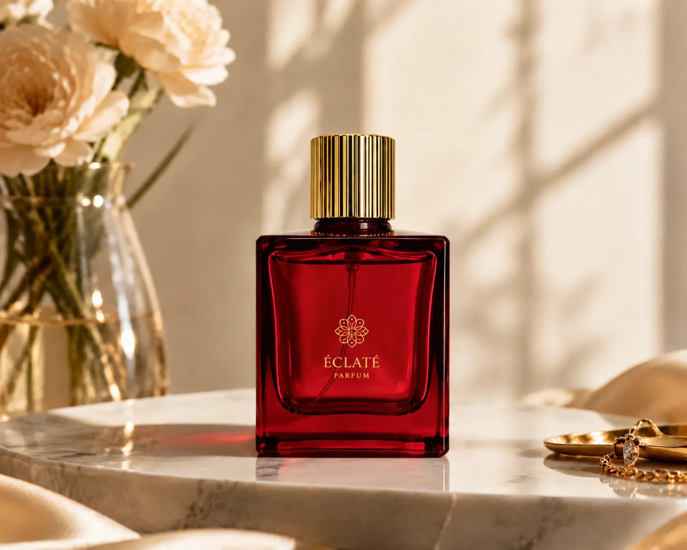 70ml red square glass perfume bottle displayed in a fragrance packaging scene with its gold striped cap