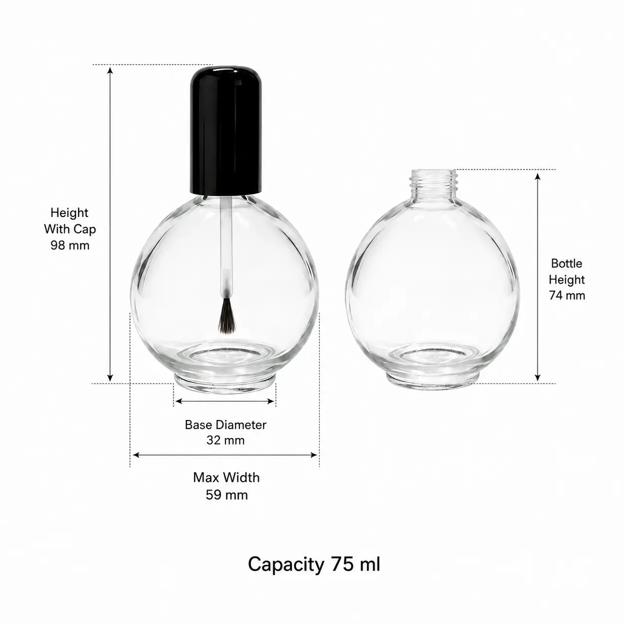 75ml Glass Nail Polish Bottle Dimensions and Capacity 75ml glass nail polish bottle dimensions showing 98 mm capped height, 74 mm bottle height without cap, 32 mm diameter, and 75ml capacity.