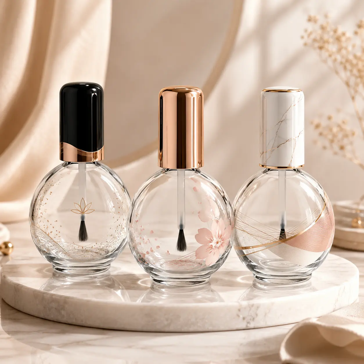 75ml Glass Nail Polish Bottle Printing Color Reference 75ml glass nail polish bottle shown with different bottle colors and decorative printing effects for custom packaging reference.