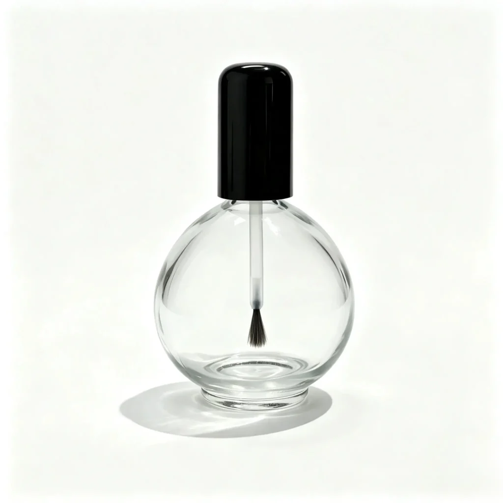 Flacone per smalto in vetro rotondo 75ml mostrato frontalmente con corpo in vetro trasparente e tappo con pennello nero lucido.