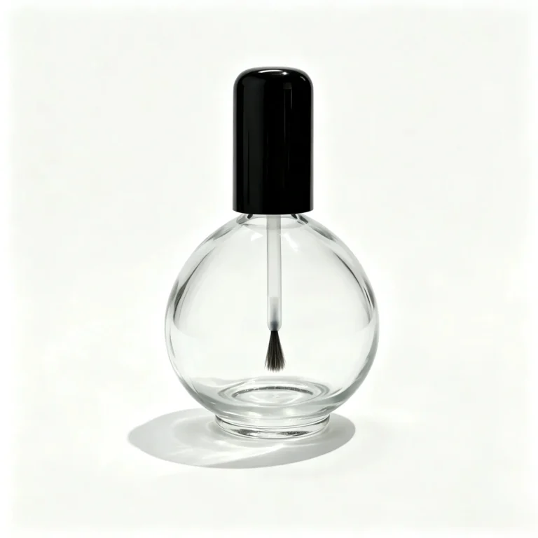 75ml round glass nail polish bottle shown from the front with its clear glass body and glossy black brush cap.