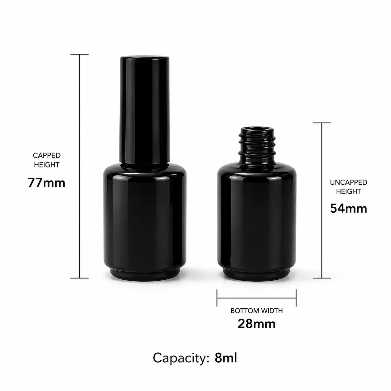 8ml Empty Nail Polish Bottle Dimensions and Capacity 8ml empty nail polish bottle dimensions showing 28 mm diameter, 77 mm total height, and 54 mm bottle height without cap.