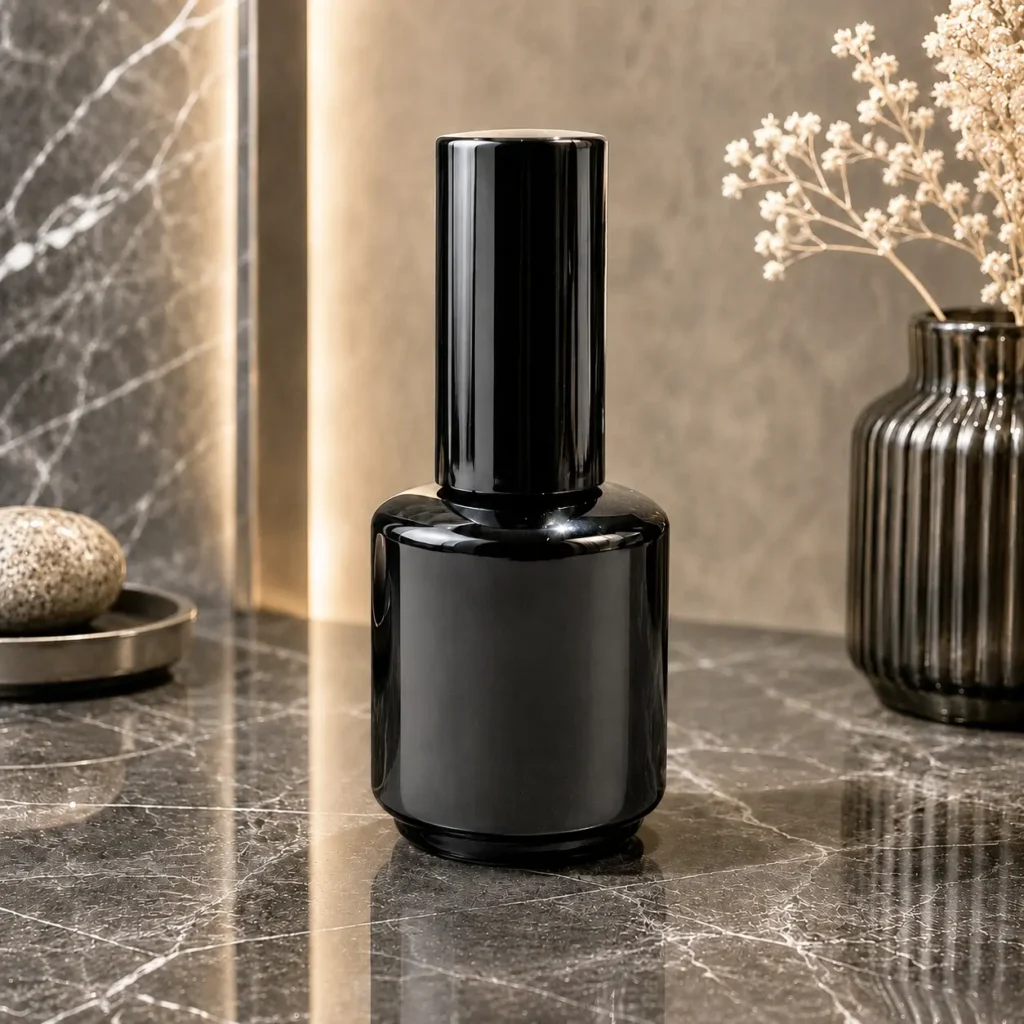 8ml empty nail polish bottle shown upright in a styled front product scene for cosmetic packaging presentation.