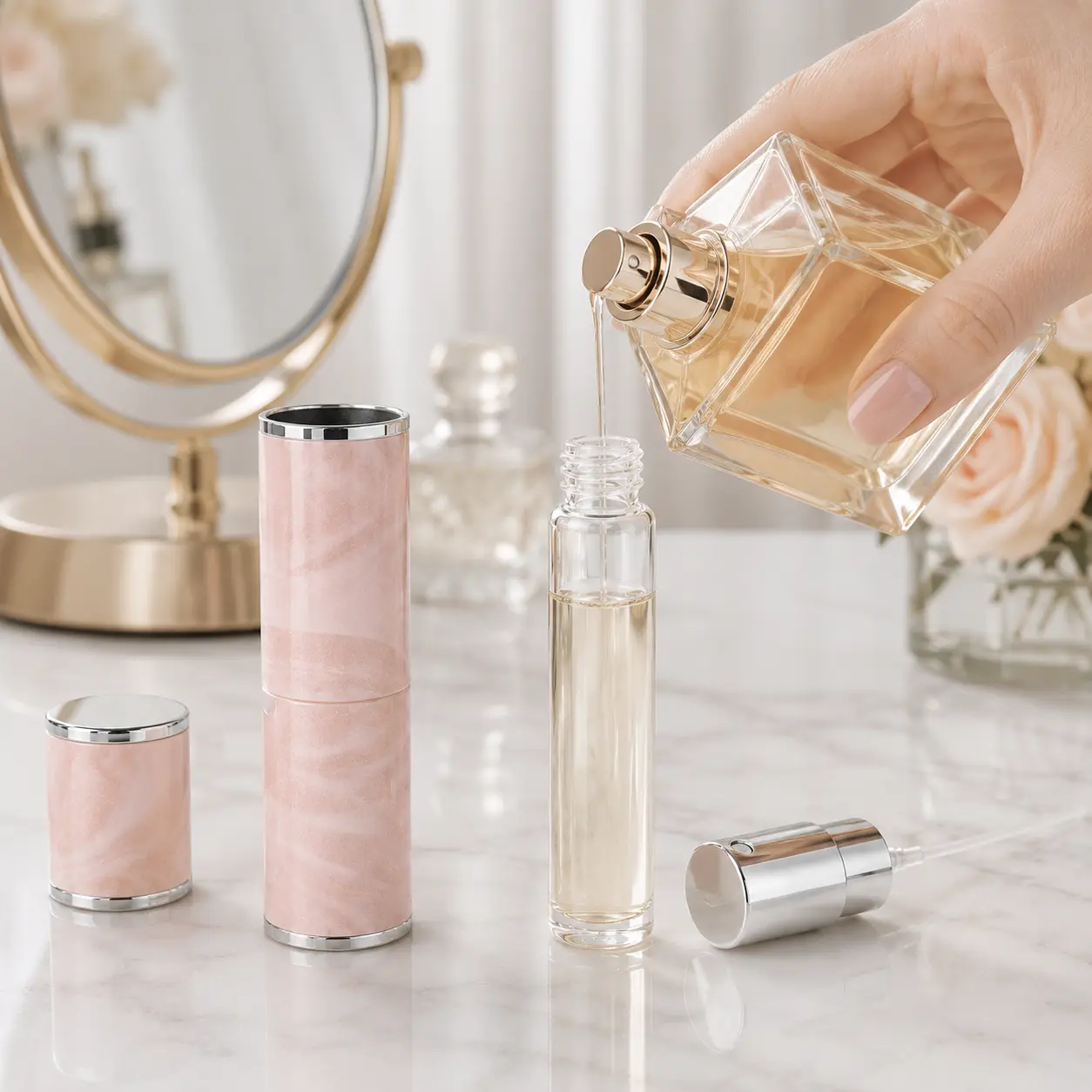 8ml Marble Pattern Travel Perfume Atomizer Packaging Scene 8ml marble-pattern travel perfume atomizer displayed in a portable fragrance packaging scene with silver-colored trim