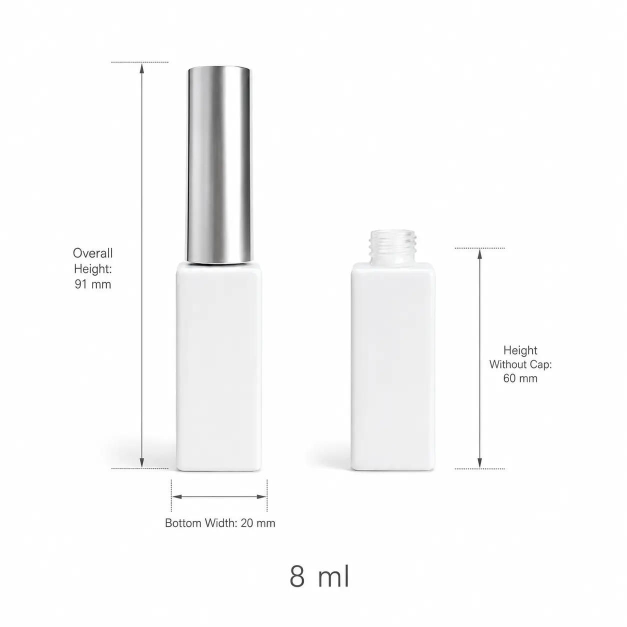 8ml Mini Glass Nail Polish Bottle Dimensions and Capacity 8ml mini glass nail polish bottle dimensions showing 20 mm bottom diameter, 91 mm capped height, and 60 mm bottle height without cap.