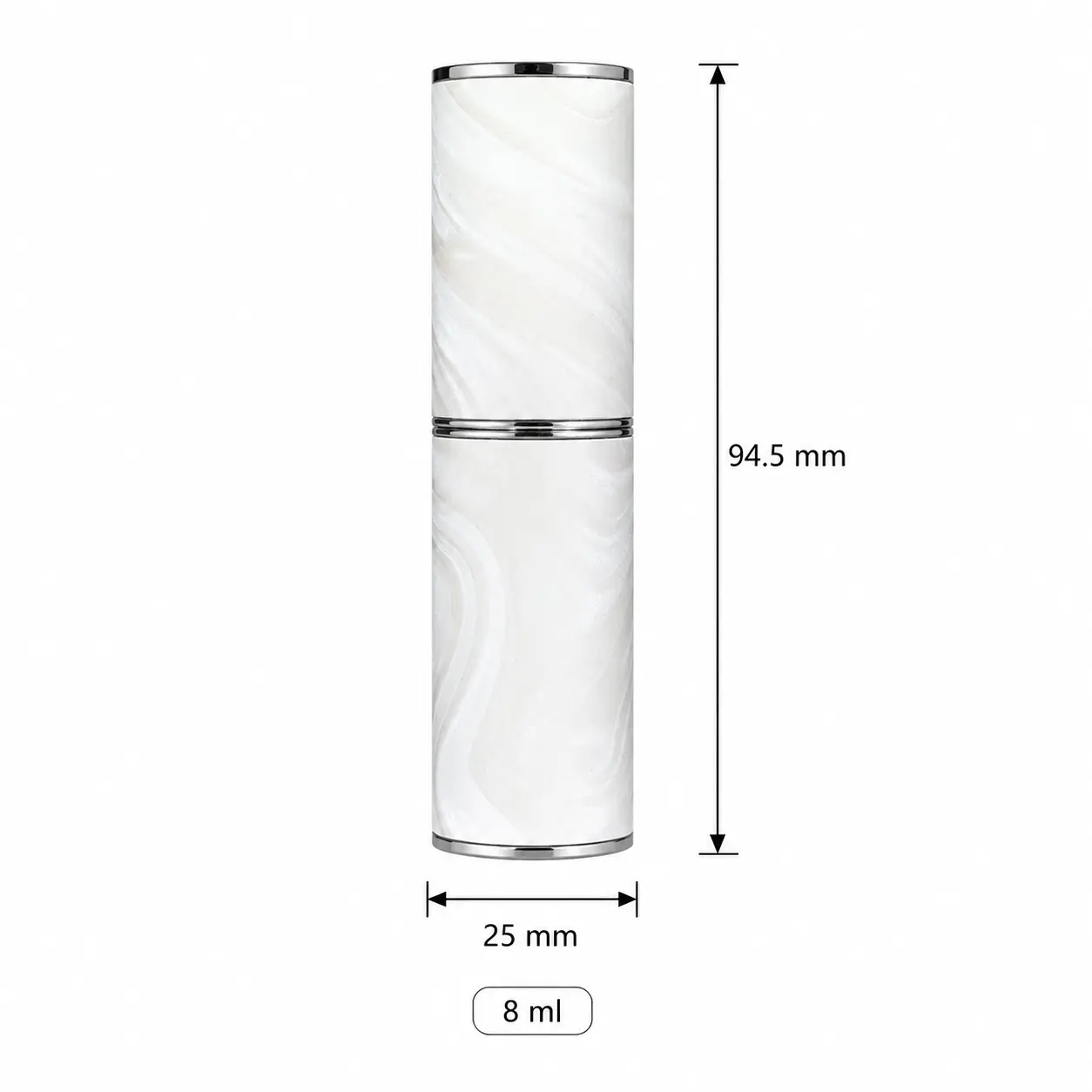 8ml Travel Perfume Atomizer Dimensions and Capacity 8ml travel perfume atomizer dimensions showing 25 mm width 25 mm depth and 94.5 mm overall height