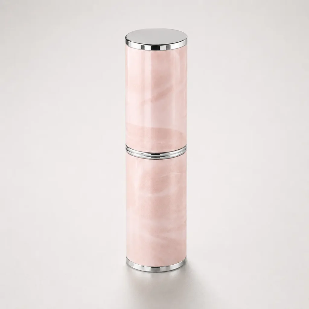 8ml travel perfume atomizer shown in complete front view with marble-pattern PU outer shell, silver-tone trim and aluminum sprayer