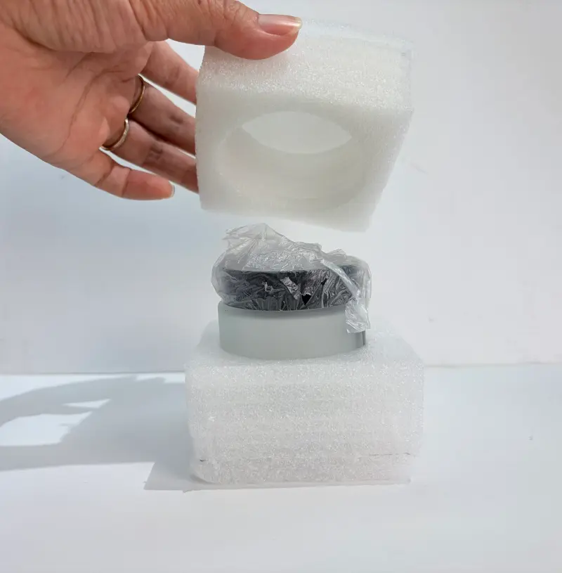 Cosmetic container protected with custom-cut EPE foam inserts for secure transportation