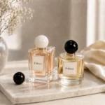 Round ABS perfume cap shown assembled on a perfume bottle in a fragrance packaging application scene