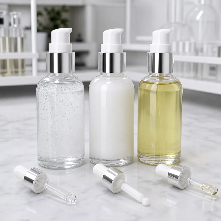 Cosmetic bottles filled with representative serum lotion and oil formulas for testing
