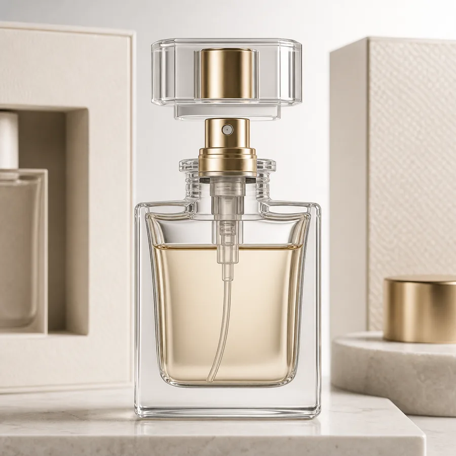 Assembled perfume bottle system showing atomizer collar cap alignment and dip tube position