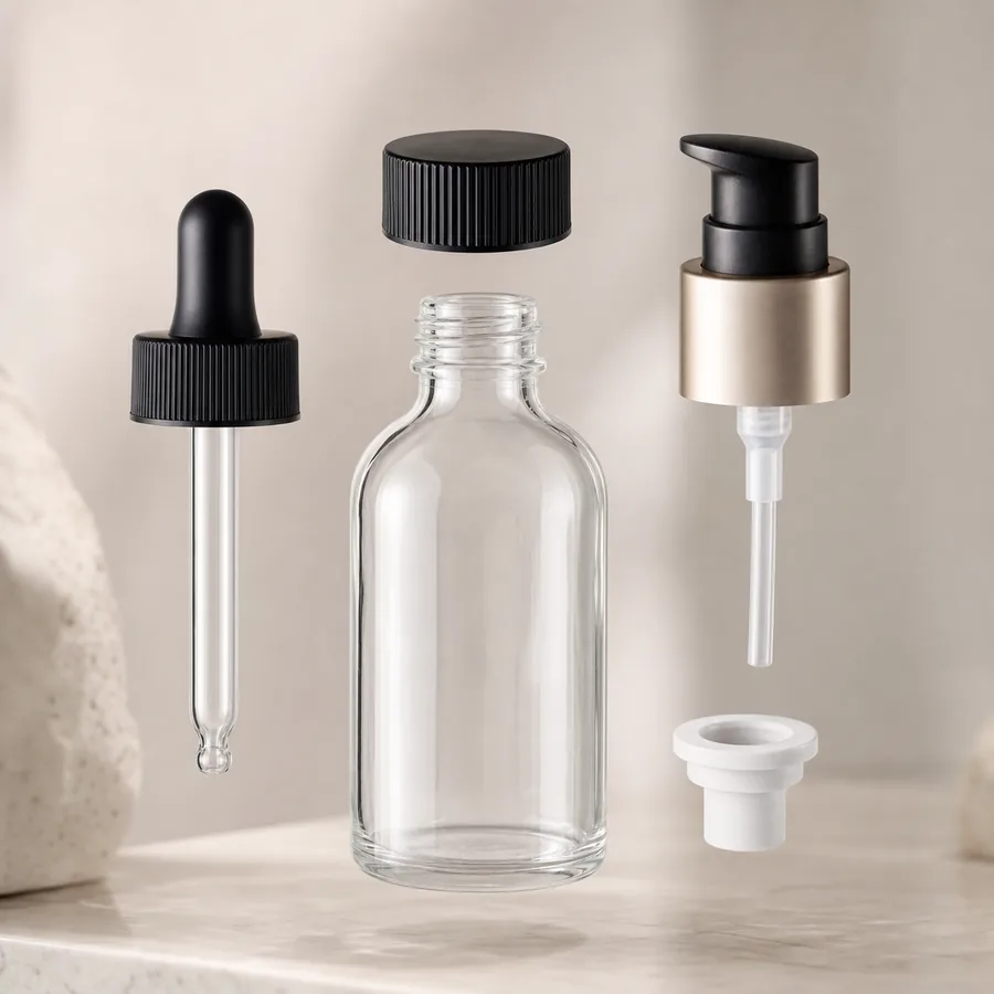 Boston round glass bottle with dropper screw cap treatment pump and reducer closure options