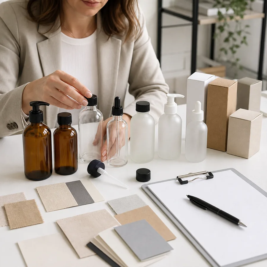 Buyer reviewing Boston round bottle samples closure fit decoration and secondary packaging