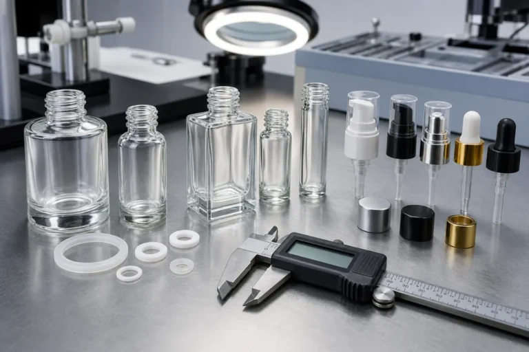 Cosmetic bottle necks closures and inspection tools for tolerance review