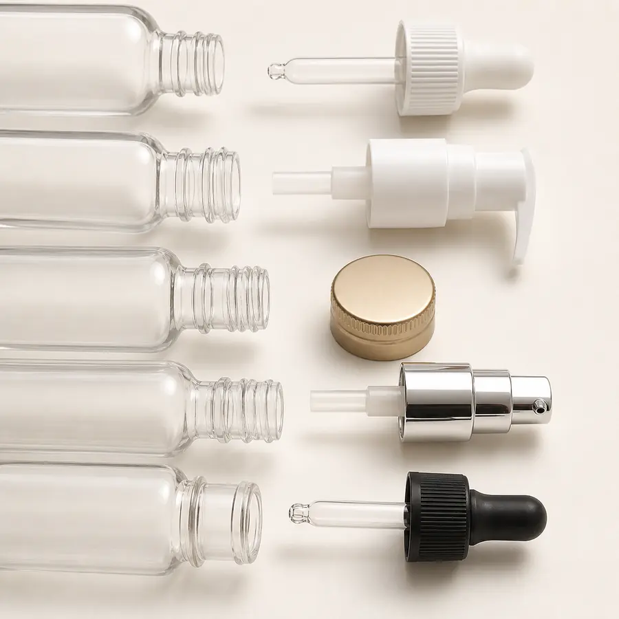 Cosmetic glass bottle necks and closure components arranged for compatibility review