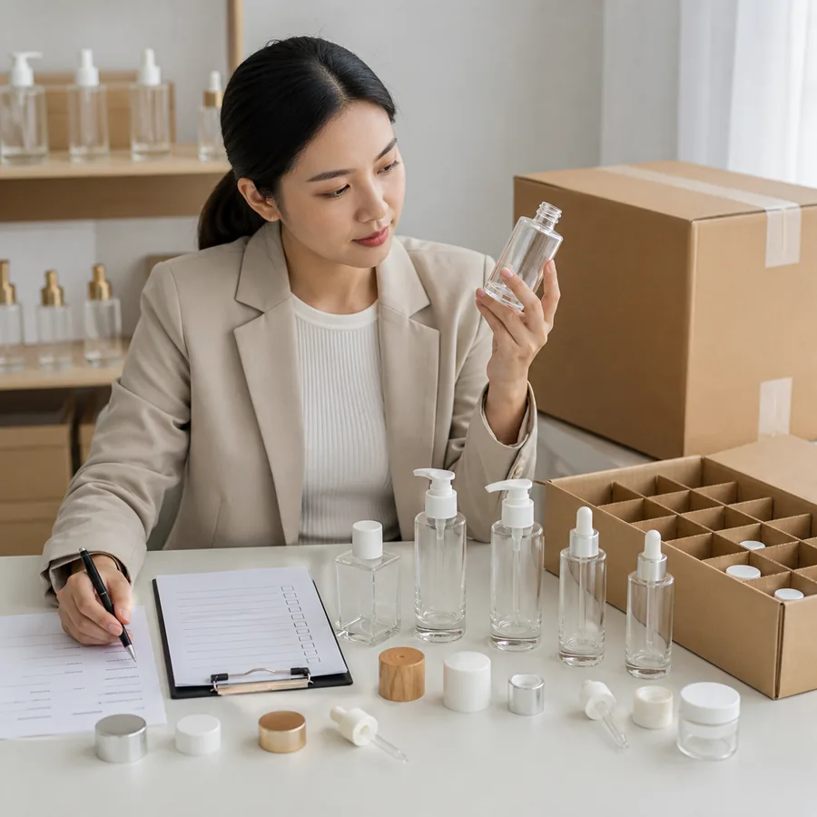 ผู้ซื้อบรรจุภัณฑ์เครื่องสำอางตรวจสอบตัวอย่าง ใบเสนอราคา คุณภาพ และรายการตรวจสอบบรรจุภัณฑ์เพื่อการส่งออก